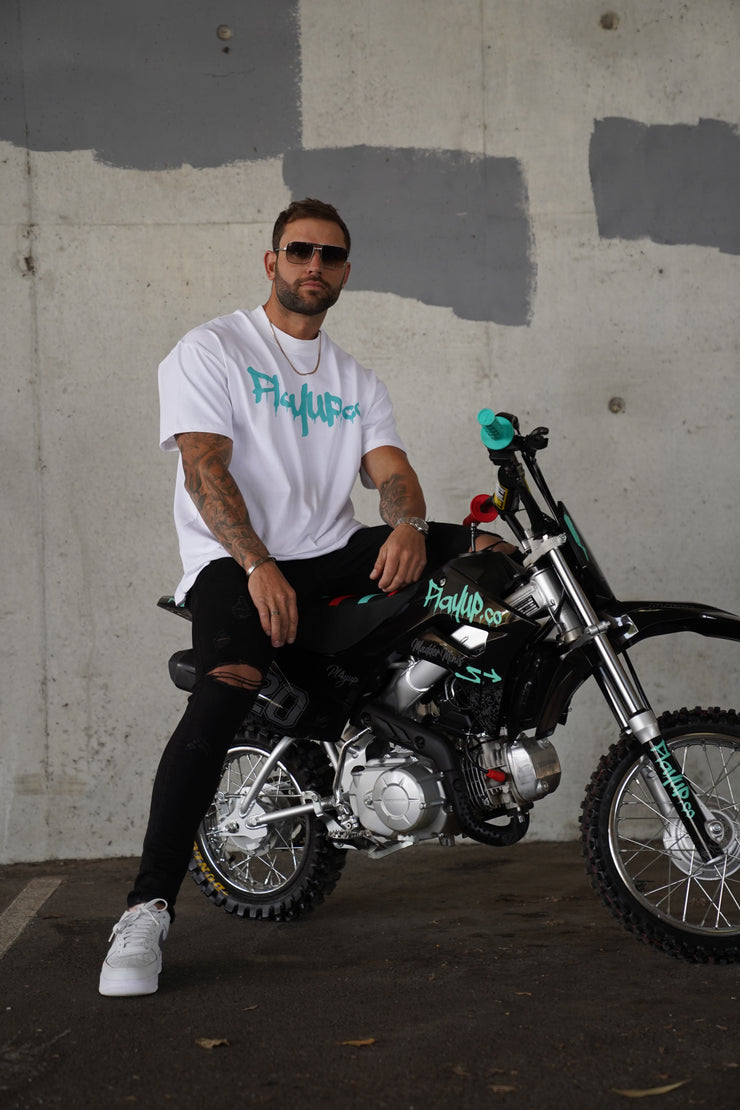 White/Teal Oversized Tees